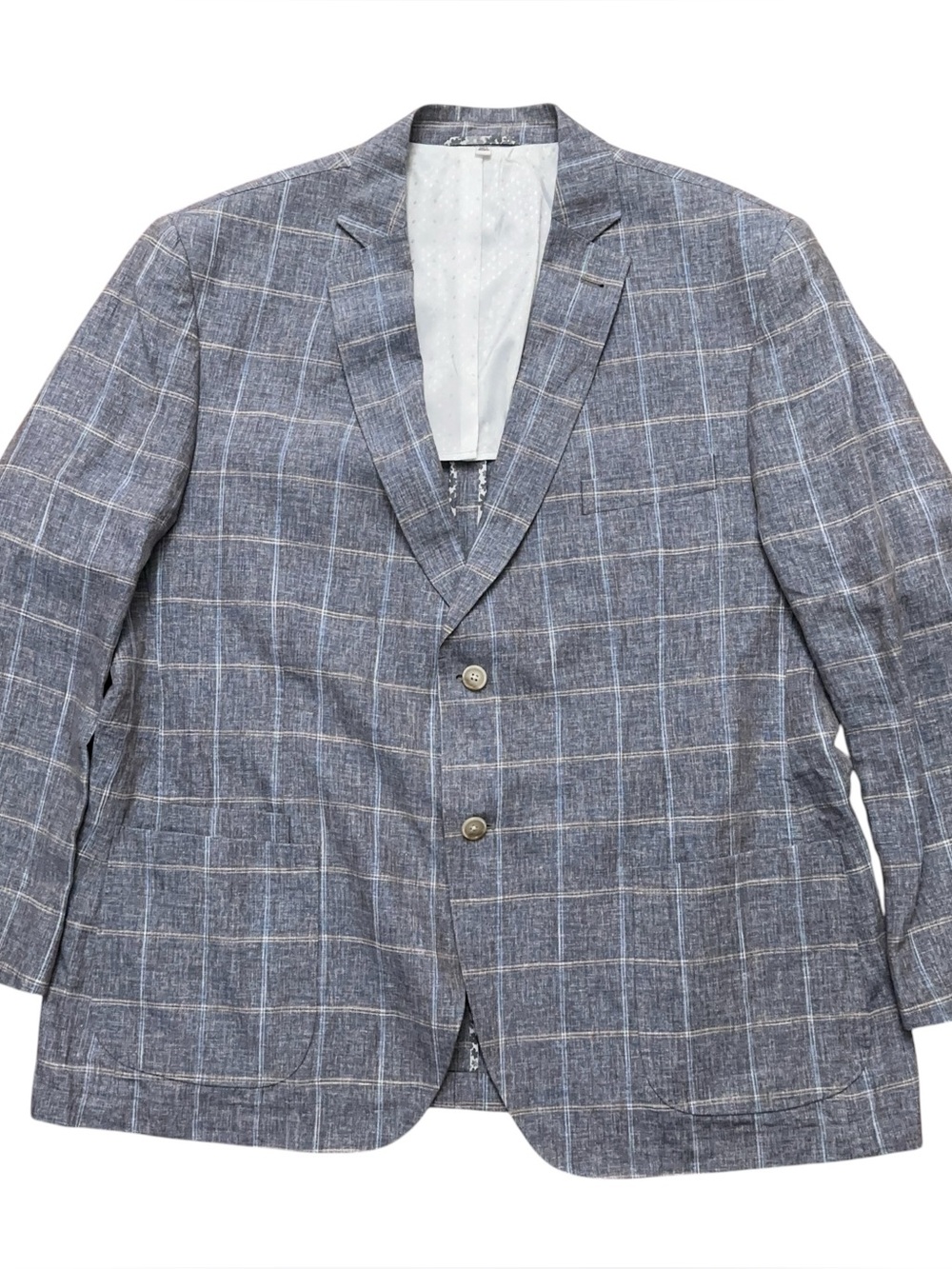 JKT New York Blazer Jacket Mens Size 48R Trent 100% Linen 1/2 Lined Plaid Gray